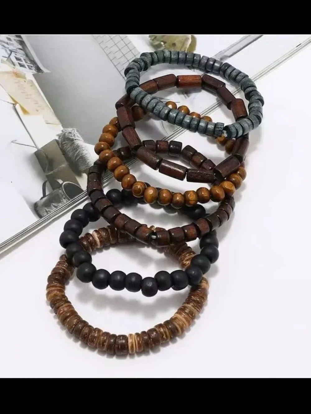 Men's Bracelets Beaded‎ 6pc Layered Black Brown Jewelry New G12